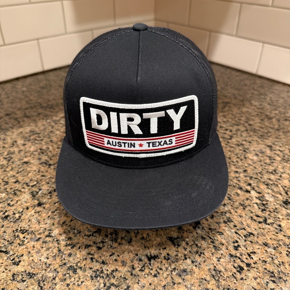 Vtg Yupoong The Classics Trucker Hat Adjustable Black Dirty Austin Texas